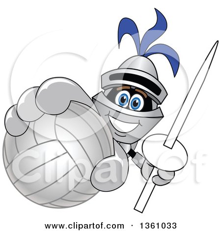 Clipart of a Lancer School Mascot Holding up a Lance and Volleyball - Royalty Free Vector Illustration by Mascot Junction