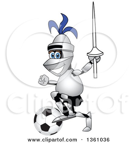 Clipart of a Lancer School Mascot Kicking a Soccer Ball - Royalty Free Vector Illustration by Mascot Junction