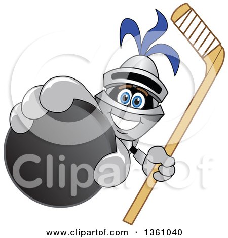 Clipart of a Lancer School Mascot Holding up a Stick and a Hockey Puck - Royalty Free Vector Illustration by Mascot Junction