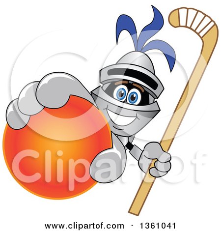 Clipart of a Lancer School Mascot Holding up a Stick and a Field Hockey Ball - Royalty Free Vector Illustration by Mascot Junction