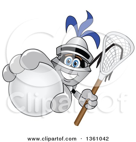 Clipart of a Lancer School Mascot Holding up a Stick and a Lacrosse Ball - Royalty Free Vector Illustration by Mascot Junction