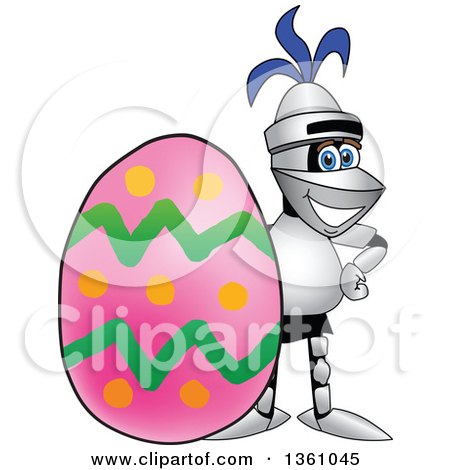 Clipart of a Lancer School Mascot Posing by an Easter Egg - Royalty Free Vector Illustration by Mascot Junction