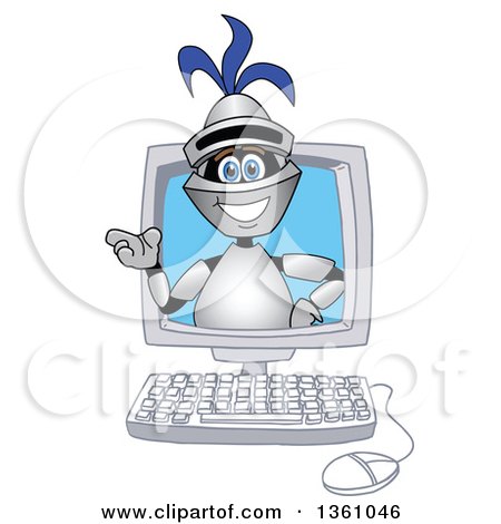 Clipart of a Lancer School Mascot Presenting and Emerging from a Desktop Computer Screen - Royalty Free Vector Illustration by Mascot Junction