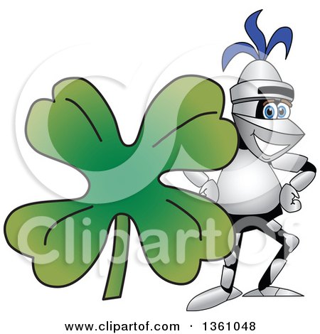 Clipart of a Lancer School Mascot with a Giant St Patricks Day Four Leaf Clover - Royalty Free Vector Illustration by Mascot Junction