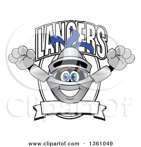 Clipart of a Lancer School Mascot Leaping out of a Shield with Text and a Blank Banner - Royalty Free Vector Illustration by Mascot Junction