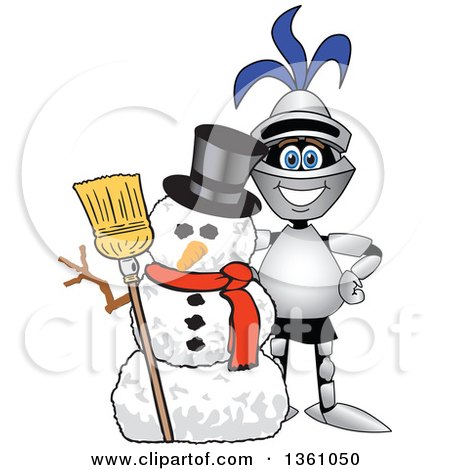 Clipart of a Lancer School Mascot with a Christmas Snowman - Royalty Free Vector Illustration by Mascot Junction