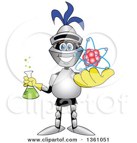 Clipart of a Lancer School Mascot Student Holding a Science Beaker and Atom - Royalty Free Vector Illustration by Mascot Junction