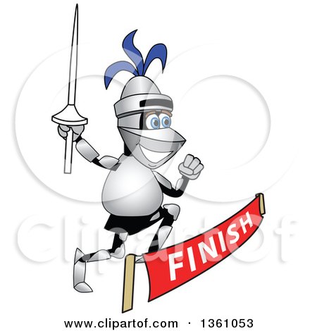 Clipart of a Lancer School Mascot Holding a Lance and Racing Through a Finish Line - Royalty Free Vector Illustration by Mascot Junction