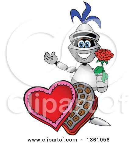 Clipart of a Lancer School Mascot Holding a Rose over Valentines Day Chocolates - Royalty Free Vector Illustration by Mascot Junction