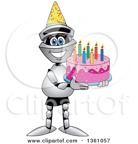 Clipart of a Lancer School Mascot Holding a Birthday Cake - Royalty Free Vector Illustration by Mascot Junction
