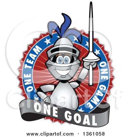Clipart of a Lancer School Mascot Holding up a Lance in a Circle Logo with One Team, One Game, One Goal Text - Royalty Free Vector Illustration by Mascot Junction
