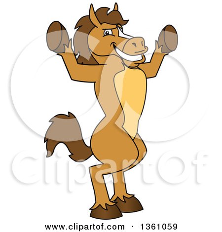 Clipart of a Horse Colt Bronco Stallion or Mustang School Mascot Character Cheering - Royalty Free Vector Illustration by Mascot Junction