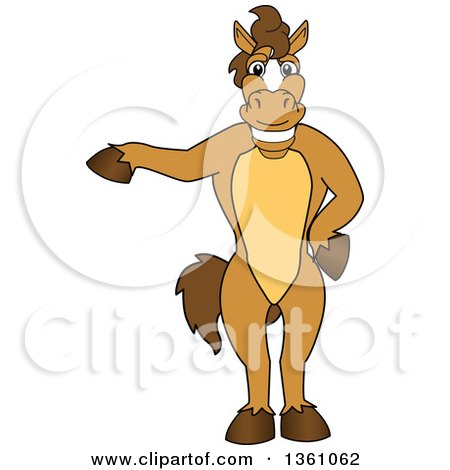 Clipart of a Horse Colt Bronco Stallion or Mustang School Mascot Character Pointing - Royalty Free Vector Illustration by Mascot Junction