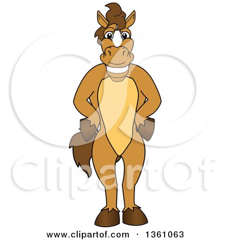 Clipart of a Horse Colt Bronco Stallion or Mustang School Mascot Character Standing with His Hooves on His Hips - Royalty Free Vector Illustration by Mascot Junction