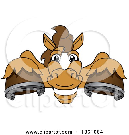 Clipart of a Horse Colt Bronco Stallion or Mustang School Mascot Character Smiling over a Sign - Royalty Free Vector Illustration by Mascot Junction