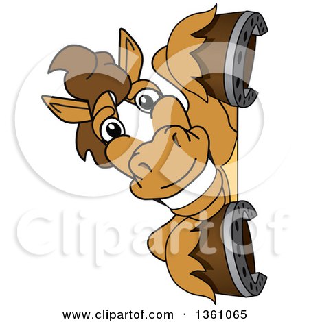 Clipart of a Horse Colt Bronco Stallion or Mustang School Mascot Character Smiling Around a Sign - Royalty Free Vector Illustration by Mascot Junction