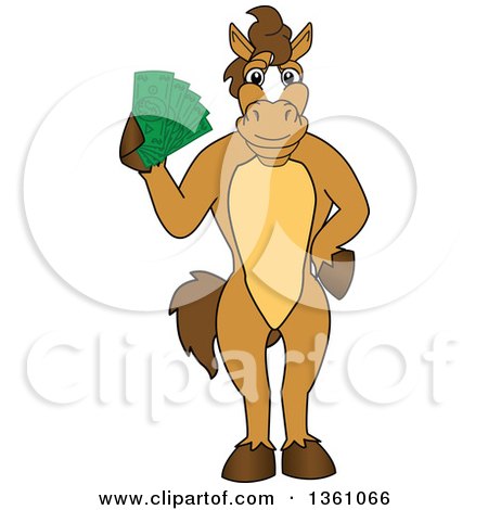 Clipart of a Horse Colt Bronco Stallion or Mustang School Mascot Character Holding Cash Money - Royalty Free Vector Illustration by Mascot Junction