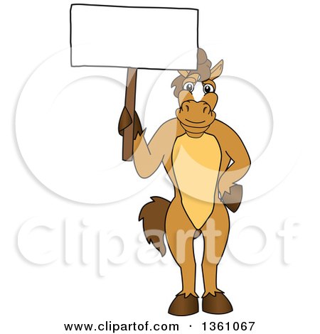 Clipart of a Horse Colt Bronco Stallion or Mustang School Mascot Character Holding a Blank Sign - Royalty Free Vector Illustration by Mascot Junction