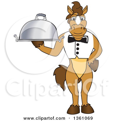 Clipart of a Horse Colt Bronco Stallion or Mustang School Mascot Character Waiter Holding a Cloche Platter - Royalty Free Vector Illustration by Mascot Junction