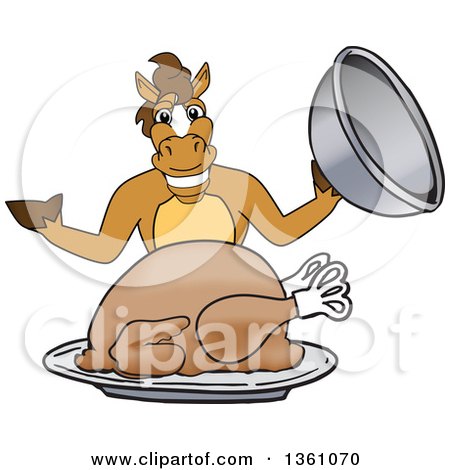 Clipart of a Horse Colt Bronco Stallion or Mustang School Mascot Character Serving a Thanksgiving Turkey - Royalty Free Vector Illustration by Mascot Junction