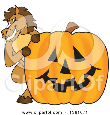 Clipart of a Horse Colt Bronco Stallion or Mustang School Mascot Character Looking Around a Halloween Jackolantern Pumpkin - Royalty Free Vector Illustration by Mascot Junction