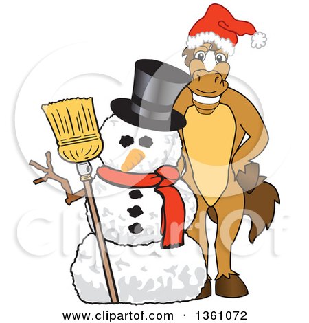 Clipart of a Horse Colt Bronco Stallion or Mustang School Mascot Character Wearing a Santa Hat by a Christmas Snowman - Royalty Free Vector Illustration by Mascot Junction