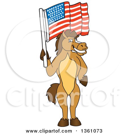 Clipart of a Horse Colt Bronco Stallion or Mustang School Mascot Character Holding an American Flag - Royalty Free Vector Illustration by Mascot Junction