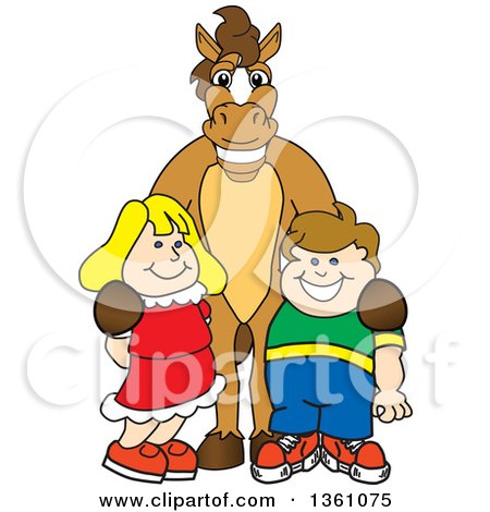 Clipart of a Horse Colt Bronco Stallion or Mustang School Mascot Character Posing with Students - Royalty Free Vector Illustration by Mascot Junction