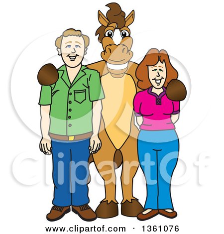 Clipart of a Horse Colt Bronco Stallion or Mustang School Mascot Character Posing with Student Parents - Royalty Free Vector Illustration by Mascot Junction