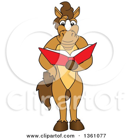 Clipart of a Horse Colt Bronco Stallion or Mustang School Mascot Character Student Reading a Book - Royalty Free Vector Illustration by Mascot Junction