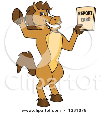 Clipart of a Horse Colt Bronco Stallion or Mustang School Mascot Character Student Holding up a Report Card - Royalty Free Vector Illustration by Mascot Junction
