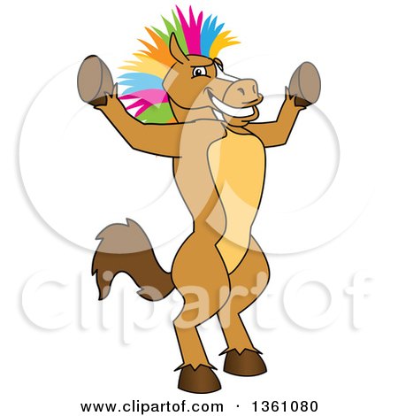 Clipart of a Horse Colt Bronco Stallion or Mustang School Mascot Character with a Colorful Mohawk, Cheering - Royalty Free Vector Illustration by Mascot Junction