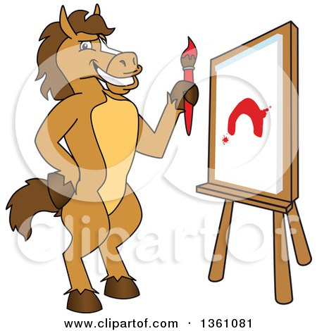 Clipart of a Horse Colt Bronco Stallion or Mustang School Mascot Character Painting a Canvas - Royalty Free Vector Illustration by Mascot Junction