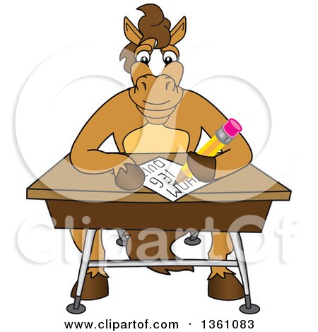 Clipart of a Horse Colt Bronco Stallion or Mustang School Mascot Character Student Taking a Quiz at a Desk - Royalty Free Vector Illustration by Mascot Junction