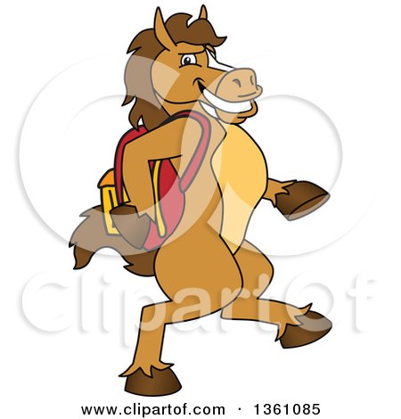 Clipart of a Horse Colt Bronco Stallion or Mustang School Mascot Character Student Walking with a Backpack - Royalty Free Vector Illustration by Mascot Junction