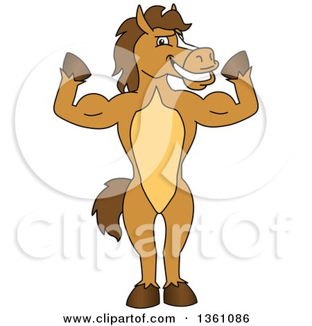 Clipart of a Horse Colt Bronco Stallion or Mustang School Mascot Character Flexing His Muscles - Royalty Free Vector Illustration by Mascot Junction