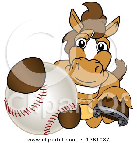 Clipart of a Horse Colt Bronco Stallion or Mustang School Mascot Character Grabbing a Baseball - Royalty Free Vector Illustration by Mascot Junction