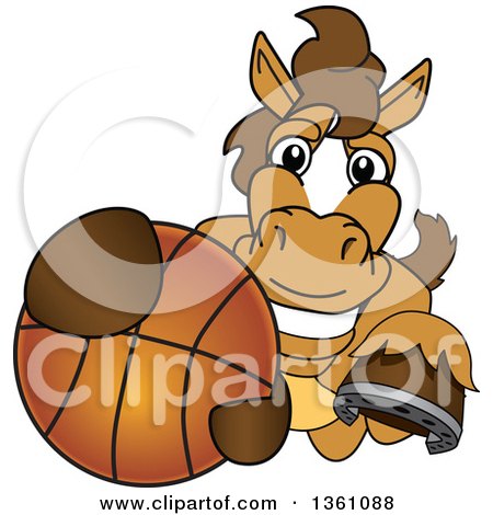 Clipart of a Horse Colt Bronco Stallion or Mustang School Mascot Character Grabbing a Basketball - Royalty Free Vector Illustration by Mascot Junction