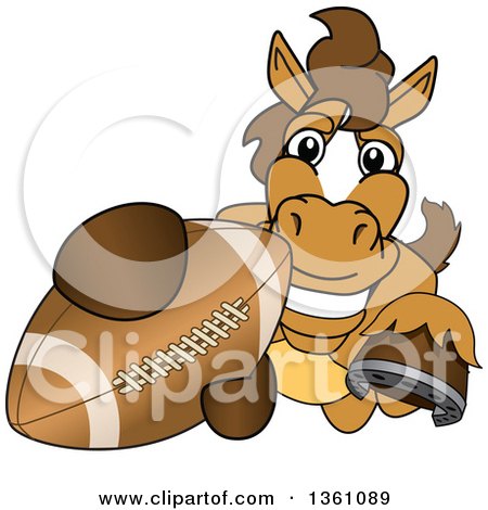 Clipart of a Horse Colt Bronco Stallion or Mustang School Mascot Character Grabbing a Football - Royalty Free Vector Illustration by Mascot Junction