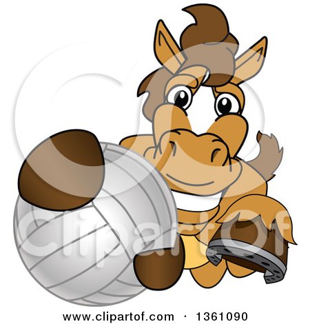 Clipart of a Horse Colt Bronco Stallion or Mustang School Mascot Character Grabbing a Volleyball - Royalty Free Vector Illustration by Mascot Junction