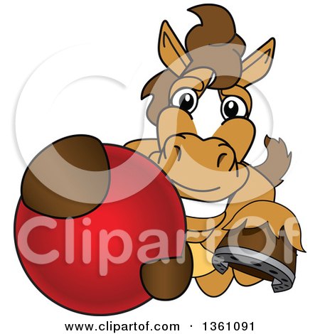 Clipart of a Horse Colt Bronco Stallion or Mustang School Mascot Character Grabbing a Ball - Royalty Free Vector Illustration by Mascot Junction