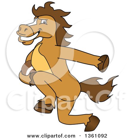 Clipart of a Horse Colt Bronco Stallion or Mustang School Mascot Character Running with a Football - Royalty Free Vector Illustration by Mascot Junction