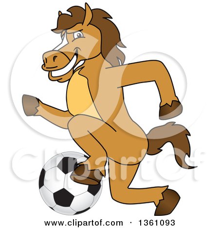 Clipart of a Horse Colt Bronco Stallion or Mustang School Mascot Character Playing Soccer - Royalty Free Vector Illustration by Mascot Junction
