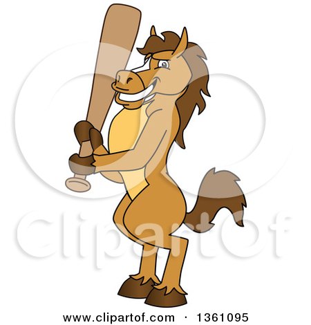 Clipart of a Horse Colt Bronco Stallion or Mustang School Mascot Character Holding a Baseball Bat - Royalty Free Vector Illustration by Mascot Junction