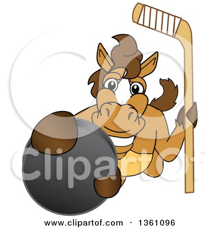Clipart of a Horse Colt Bronco Stallion or Mustang School Mascot Character Holding a Stick and Grabbing a Hockey Puck - Royalty Free Vector Illustration by Mascot Junction