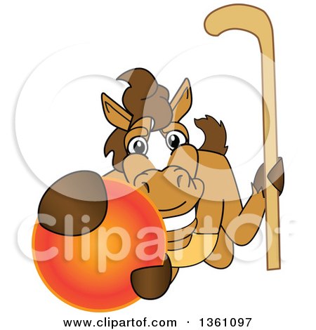 Clipart of a Horse Colt Bronco Stallion or Mustang School Mascot Character Holding a Stick and Grabbing a Field Hockey Ball - Royalty Free Vector Illustration by Mascot Junction