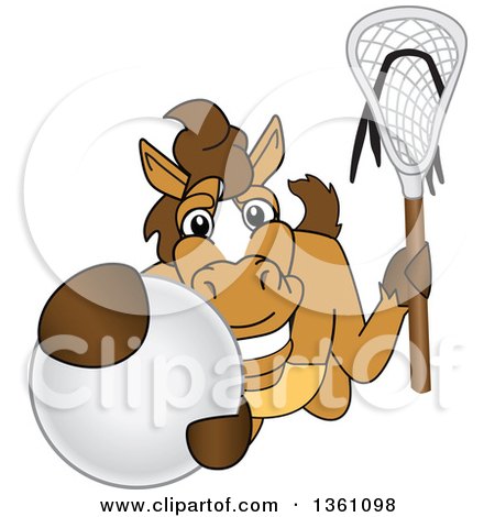Clipart of a Horse Colt Bronco Stallion or Mustang School Mascot Character Holding a Stick and Grabbing a Lacrosse Ball - Royalty Free Vector Illustration by Mascot Junction