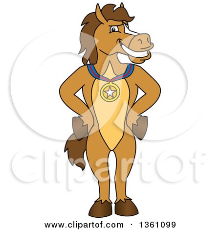 Clipart of a Horse Colt Bronco Stallion or Mustang School Mascot Character Chamion Wearing a Sports Medal - Royalty Free Vector Illustration by Mascot Junction