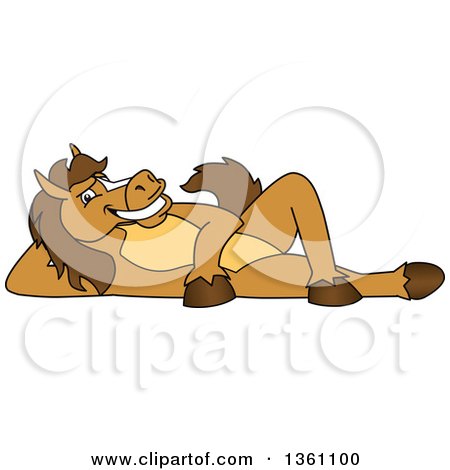 Clipart of a Horse Colt Bronco Stallion or Mustang School Mascot Character Resting - Royalty Free Vector Illustration by Mascot Junction