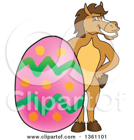 Clipart of a Horse Colt Bronco Stallion or Mustang School Mascot Character Posing with a Giant Easter Egg - Royalty Free Vector Illustration by Mascot Junction